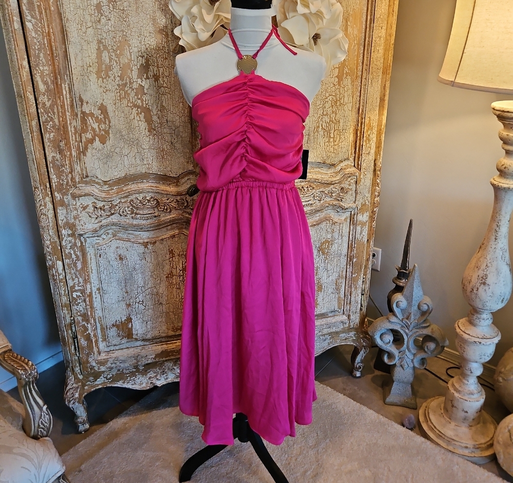 INC International Concepts Hot Pink Halter Ruched Midi Dress